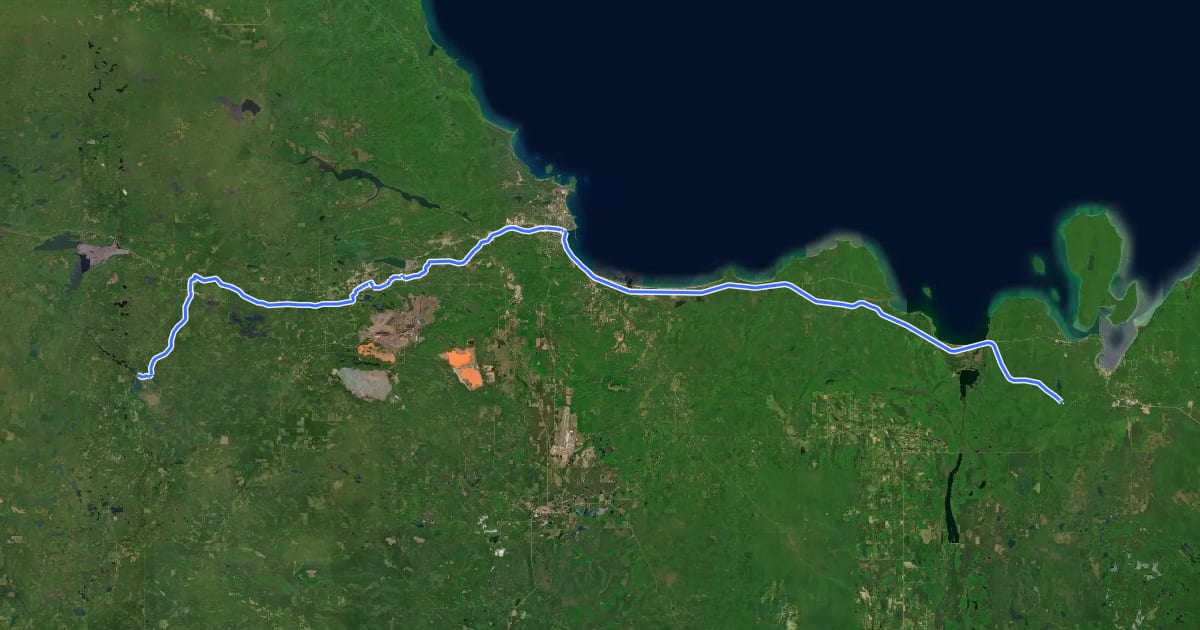 Маршрут Iron Ore Heritage Trail на спутниковом снимке