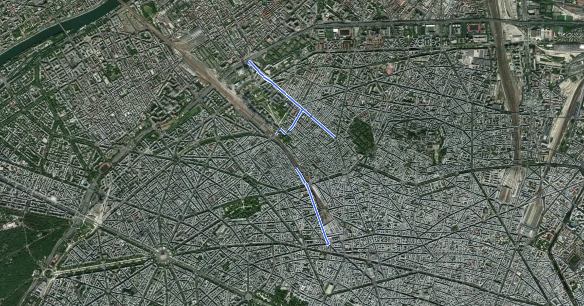 Маршрут Itinéraire Vélo 6 (Porte de Clichy - Saint-Michel) на спутниковом снимке