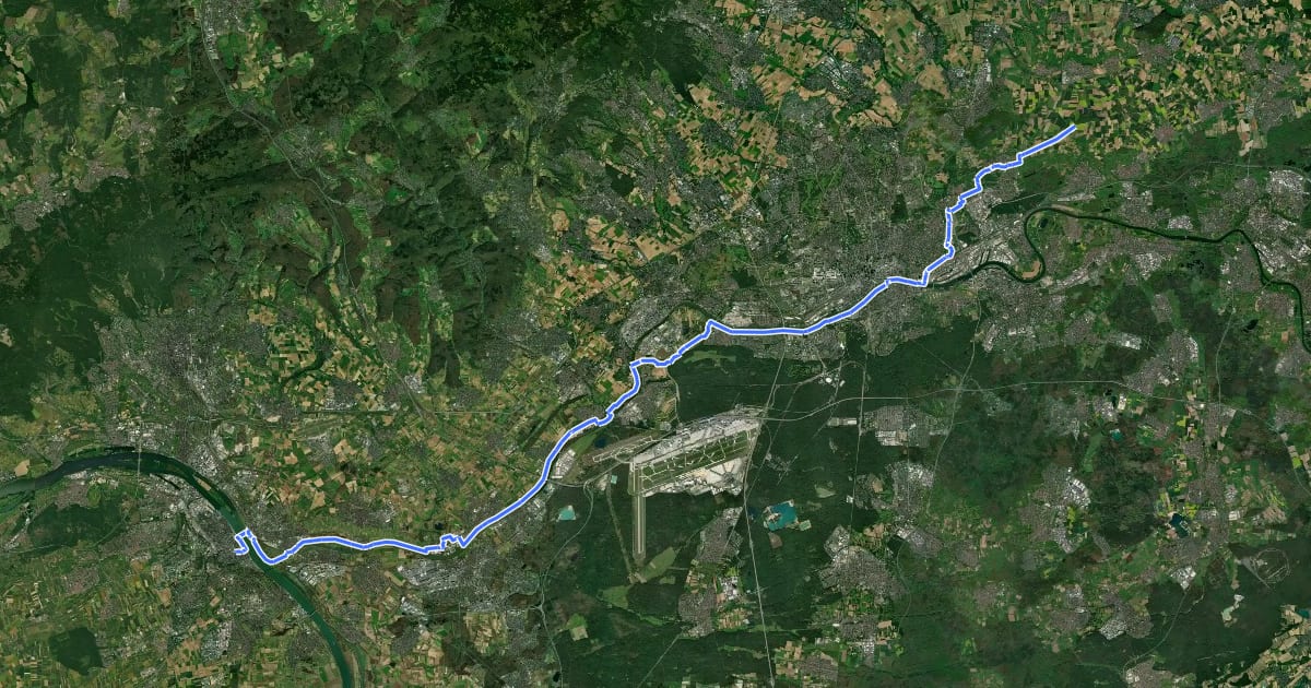 Маршрут Jakobsweg Fulda - Frankfurt - Mainz (Teilstrecke Frankfurt - Mainz) на спутниковом снимке