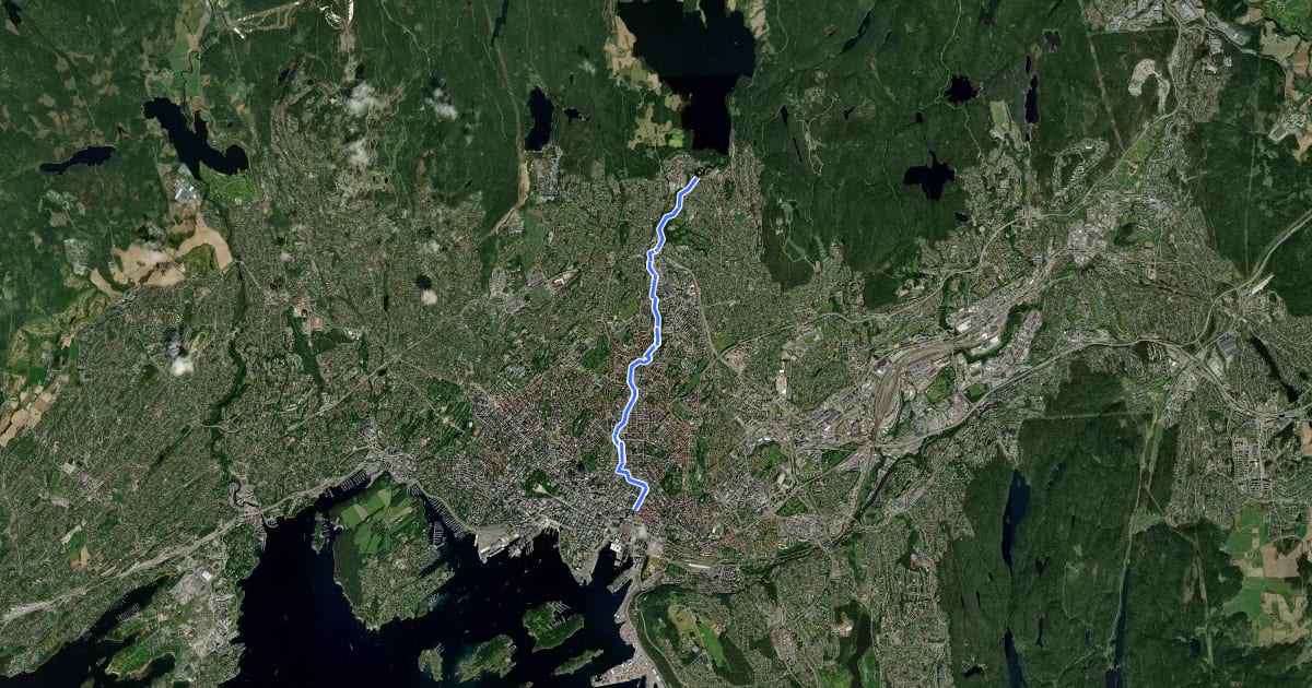 Маршрут Jotunheimstien (Oslo - Maridalsvannet) на спутниковом снимке