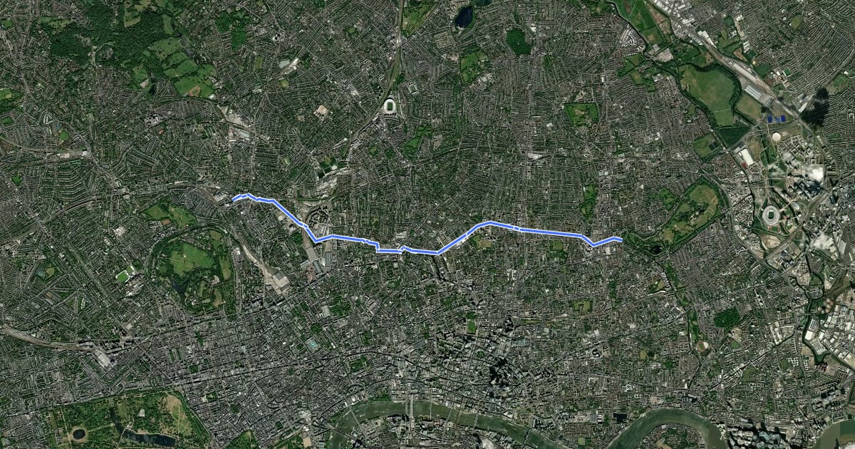 Маршрут Jubilee Greenway (section 3) на спутниковом снимке