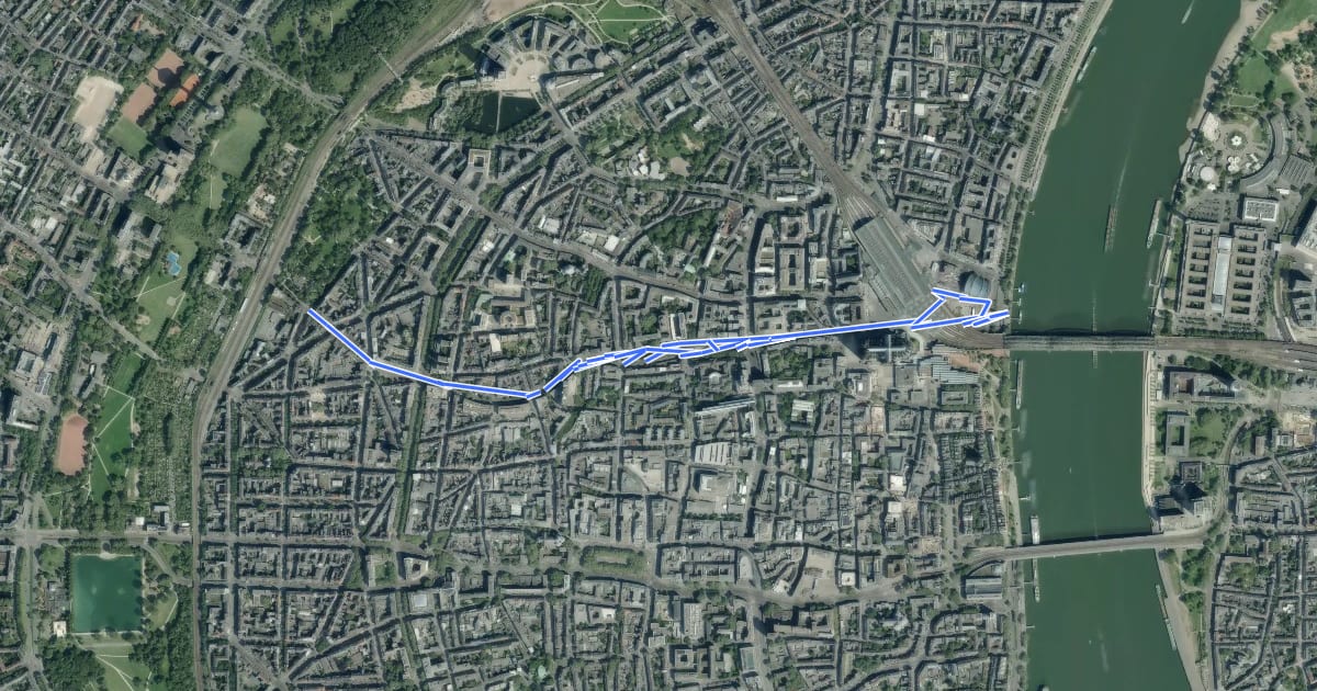 Маршрут Köln Westbahnhof/Stadtgarten (92) - Köln Dom/Hbf (99) на спутниковом снимке
