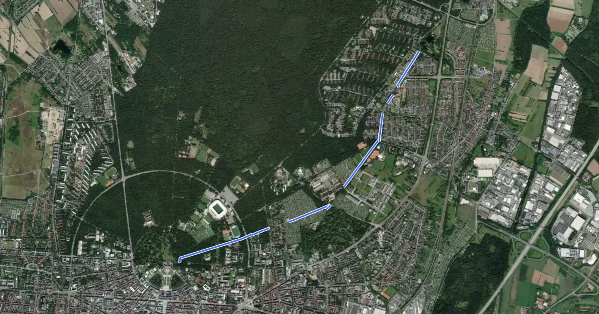 Маршрут KA-Zentrum - Waldstadt на спутниковом снимке