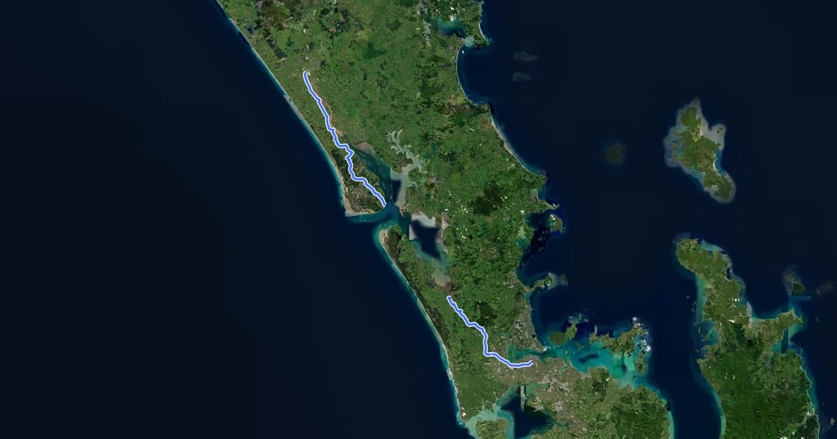 Маршрут Kaipara Missing Link на спутниковом снимке