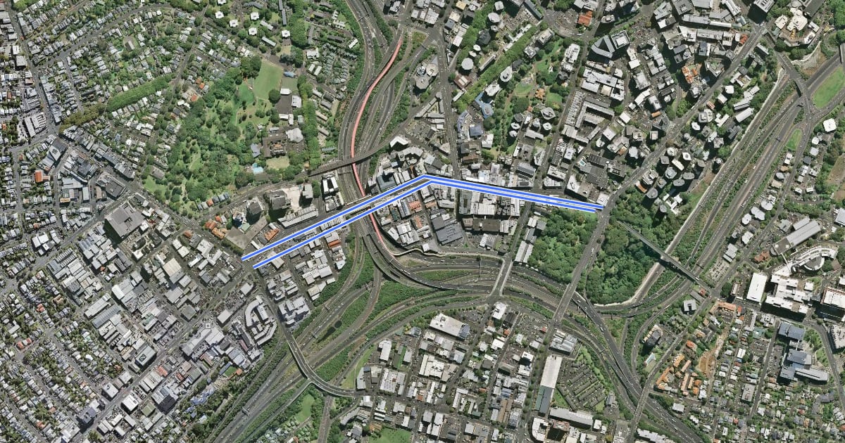 Маршрут Karangahape Road Cycleway на спутниковом снимке