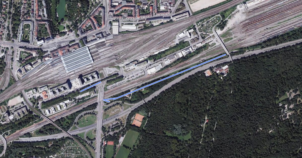 Маршрут Karlsruhe Hauptbahnhof Süd - Karlsruhe Wasserwerkbrücke на спутниковом снимке