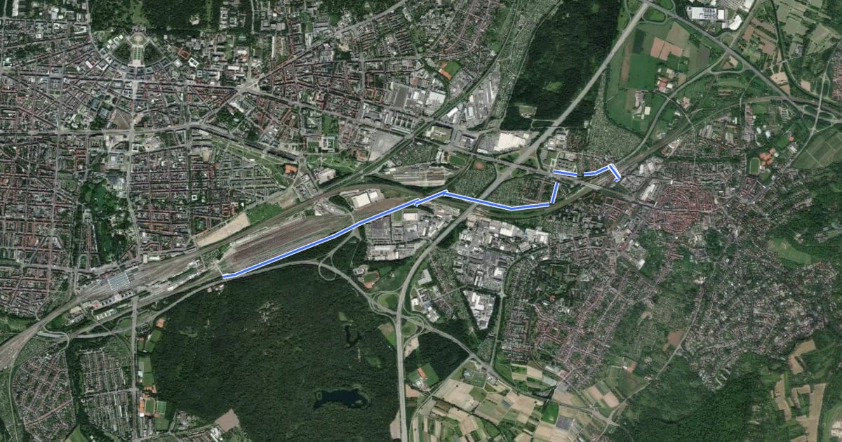 Маршрут Karlsruhe Wasserwerkbrücke - Durlach Bahnhof на спутниковом снимке