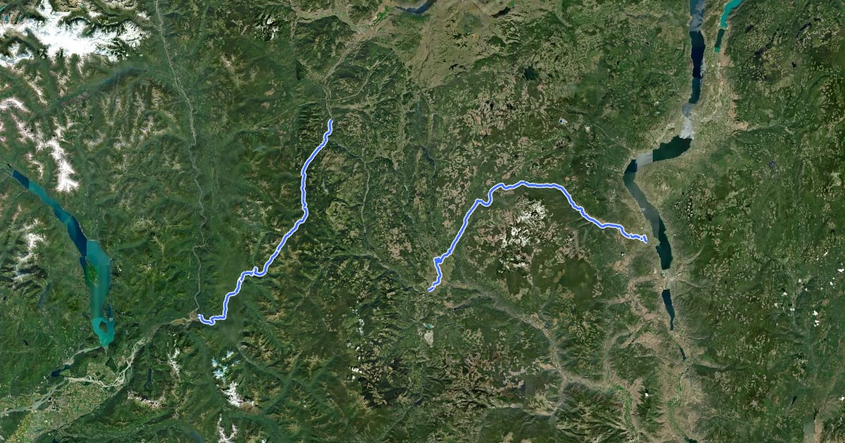 Маршрут Kettle Valley Rail Trail на спутниковом снимке