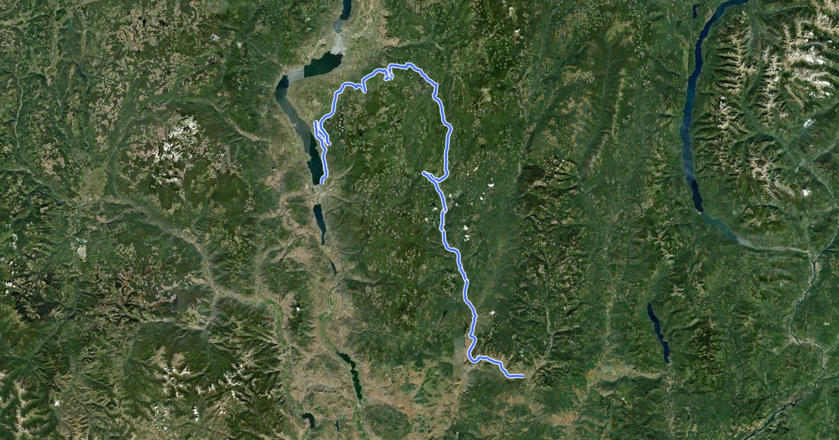 Маршрут Kettle Valley Rail Trail (Midway-Penticton) на спутниковом снимке