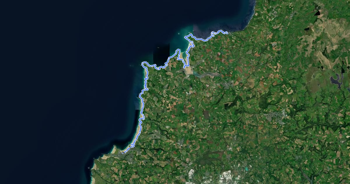 Маршрут King Charles III England Coast Path: Marsland Mouth to Newquay на спутниковом снимке