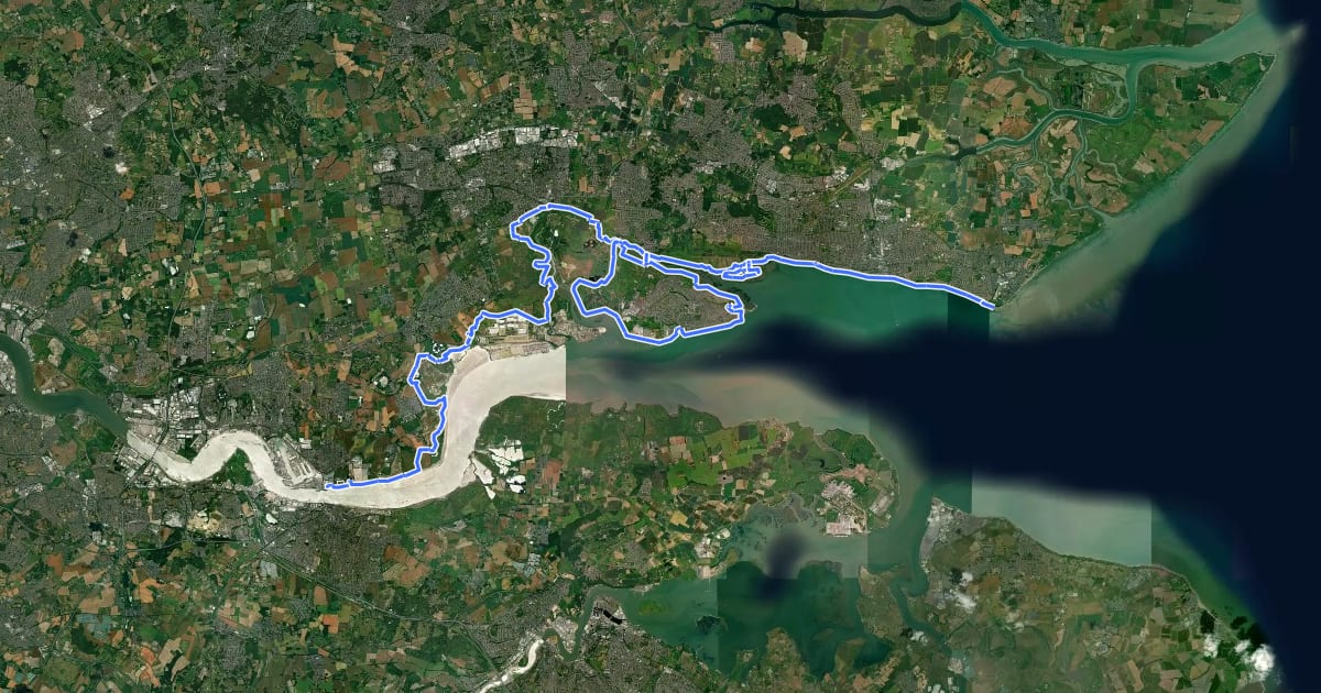 Маршрут King Charles III England Coast Path: Tilbury to Southend-on-Sea на спутниковом снимке