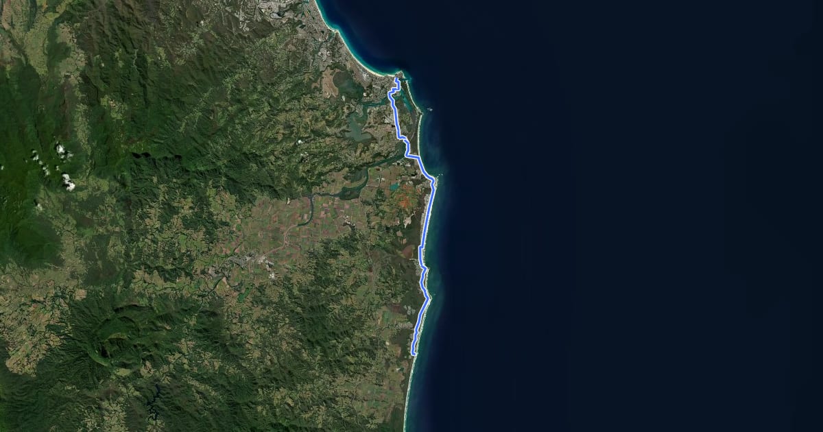 Маршрут Kingscliff NSW Coastline Cycleway на спутниковом снимке