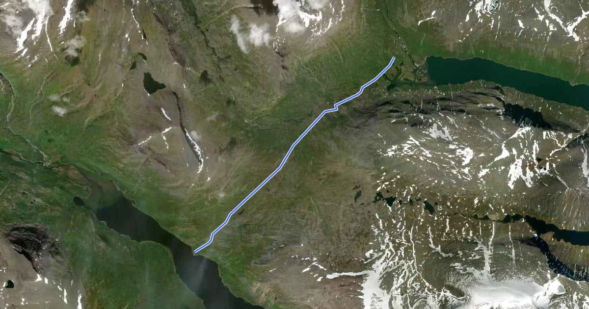 Маршрут Kungsleden Etapp 11: Kaitumjaure - Teusajaure на спутниковом снимке