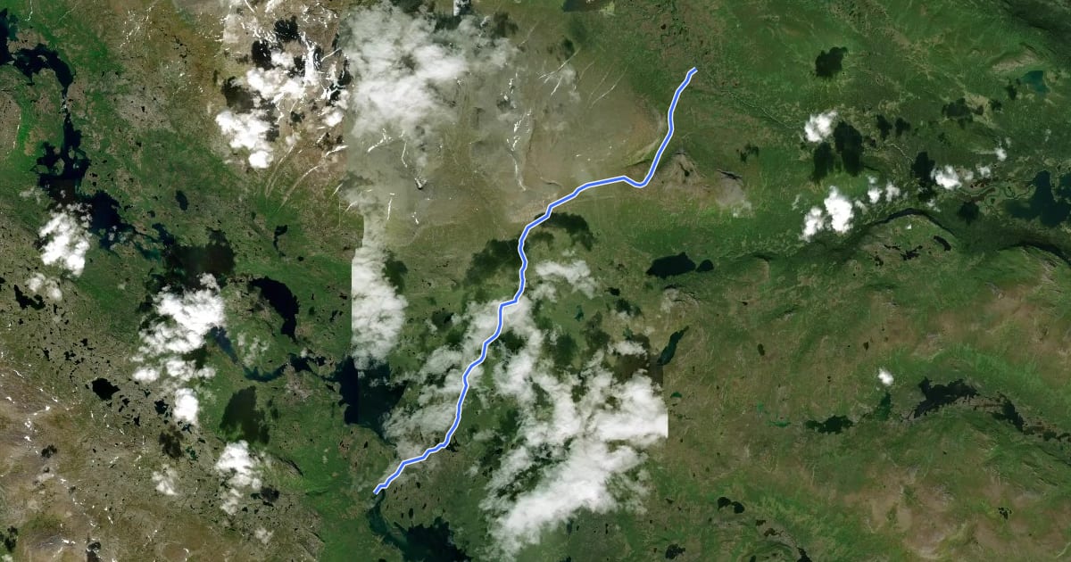 Маршрут Kungsleden Etapp 19: Tsielekjåkkstugan - Piteälven на спутниковом снимке