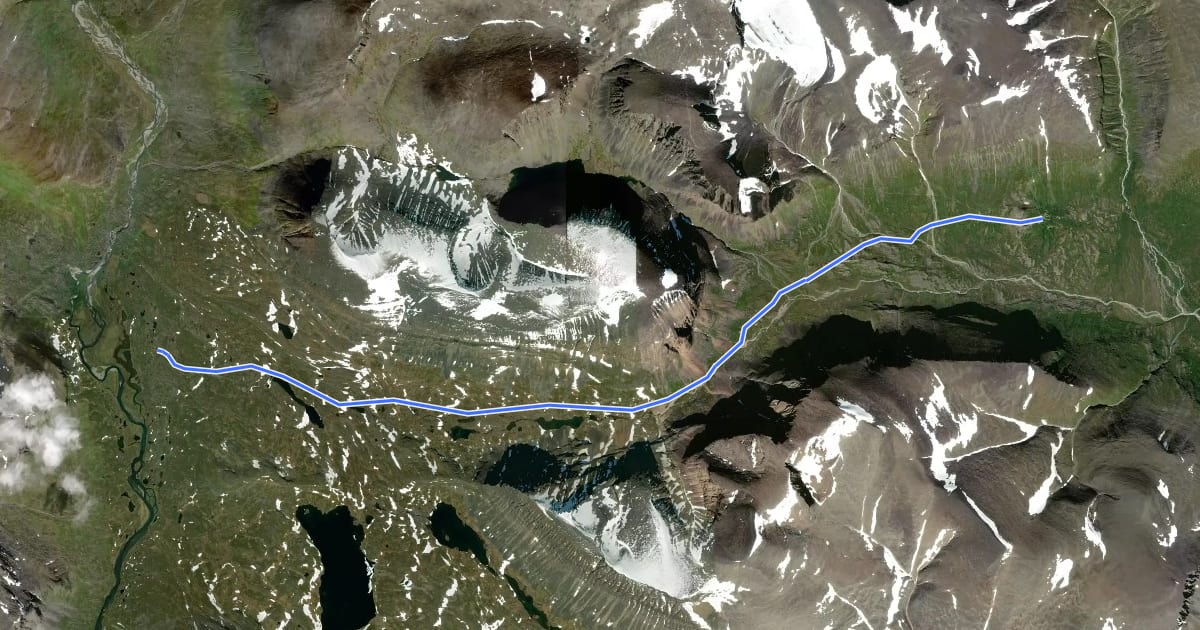 Маршрут Kungsleden Etapp 6: Singi - Kebnekaise на спутниковом снимке
