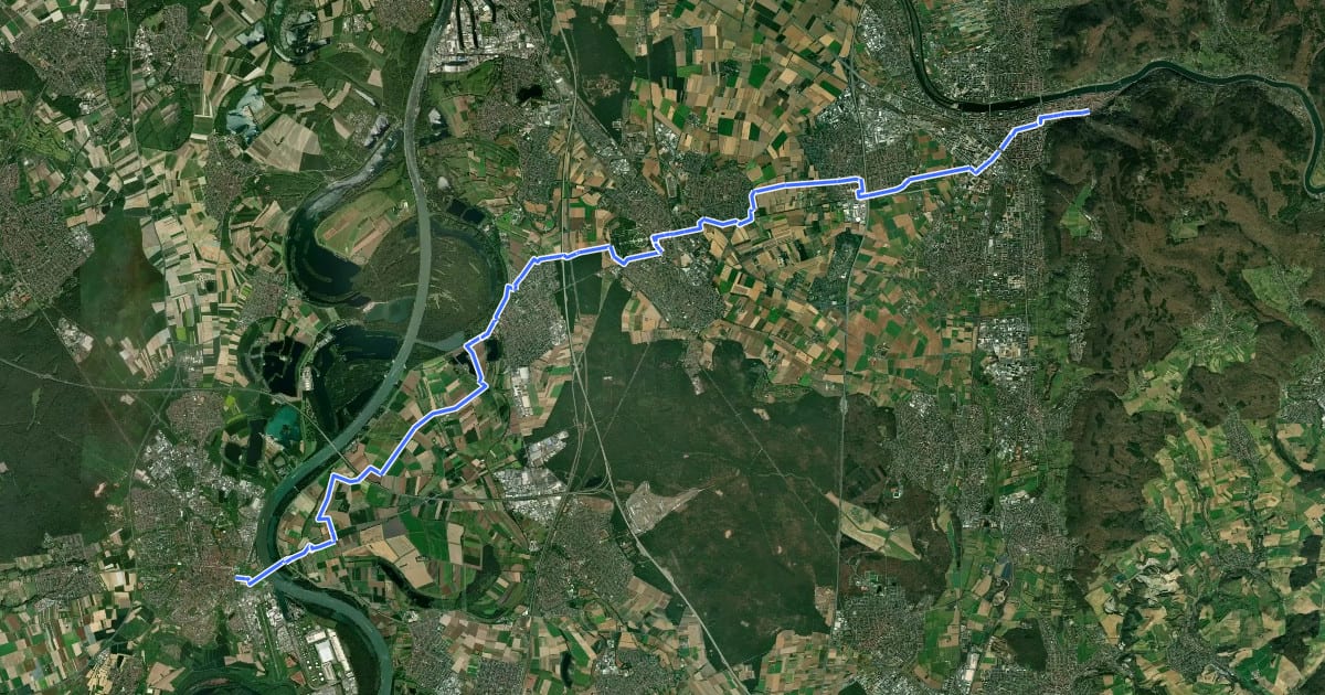 Маршрут Kurpfalzroute Radweg von Heidelberg nach Speyer на спутниковом снимке