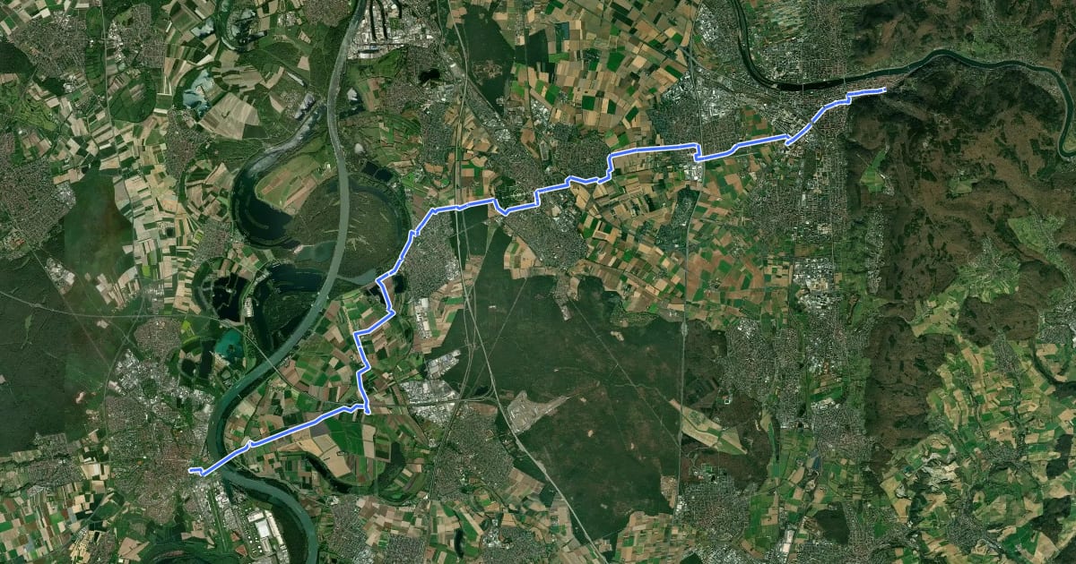 Маршрут Kurpfalzroute Radweg von Speyer nach Heidelberg на спутниковом снимке
