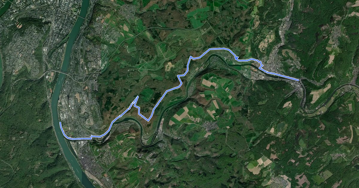 Маршрут Lahnwanderweg - 19. Etappe Bad Ems-Lahnstein на спутниковом снимке