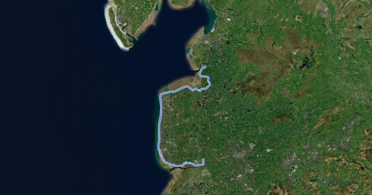 Маршрут Lancashire Coastal Way на спутниковом снимке