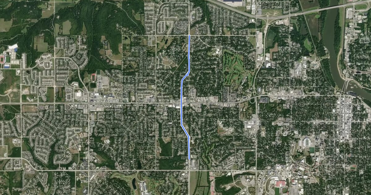 Маршрут Lawrence Bicycle Route на спутниковом снимке