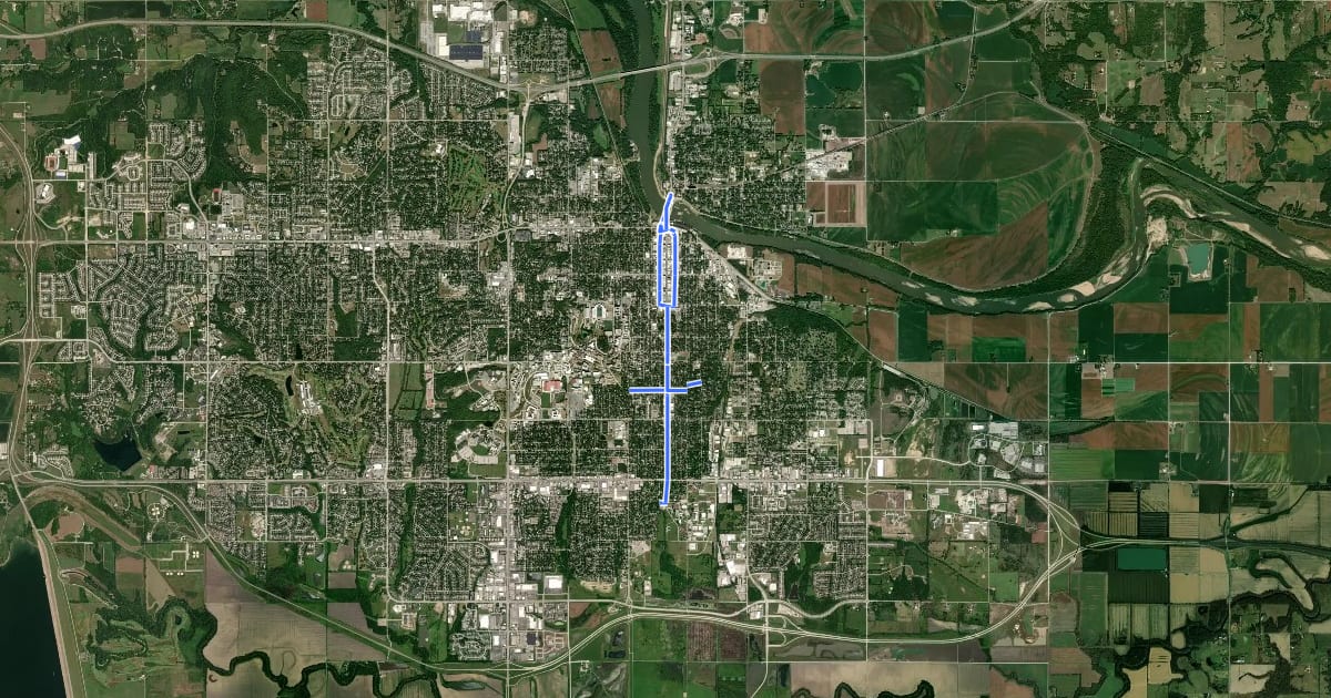 Маршрут Lawrence Bicycle Route на спутниковом снимке
