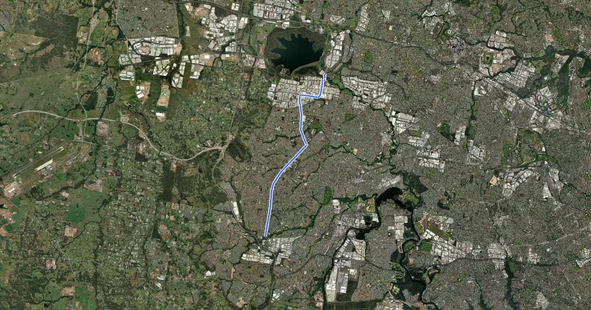 Маршрут Liverpool-Parramatta T-way на спутниковом снимке