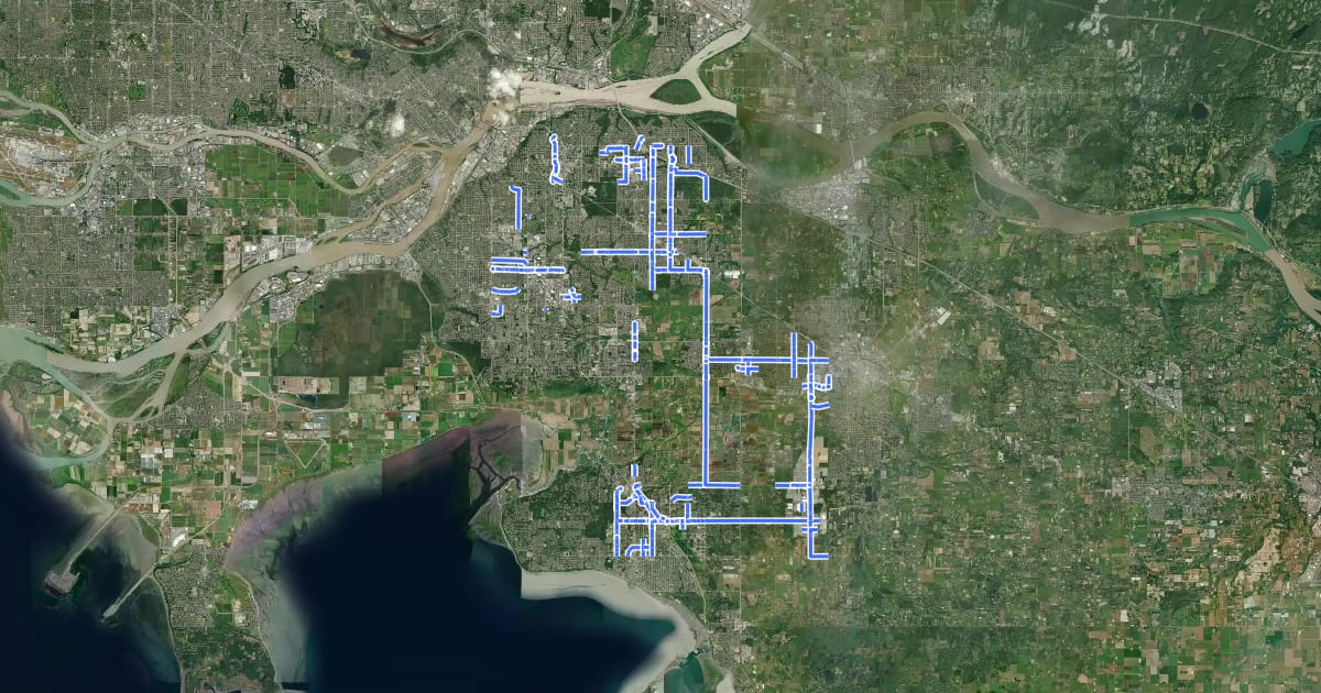Маршрут Local Surrey Bike routes на спутниковом снимке