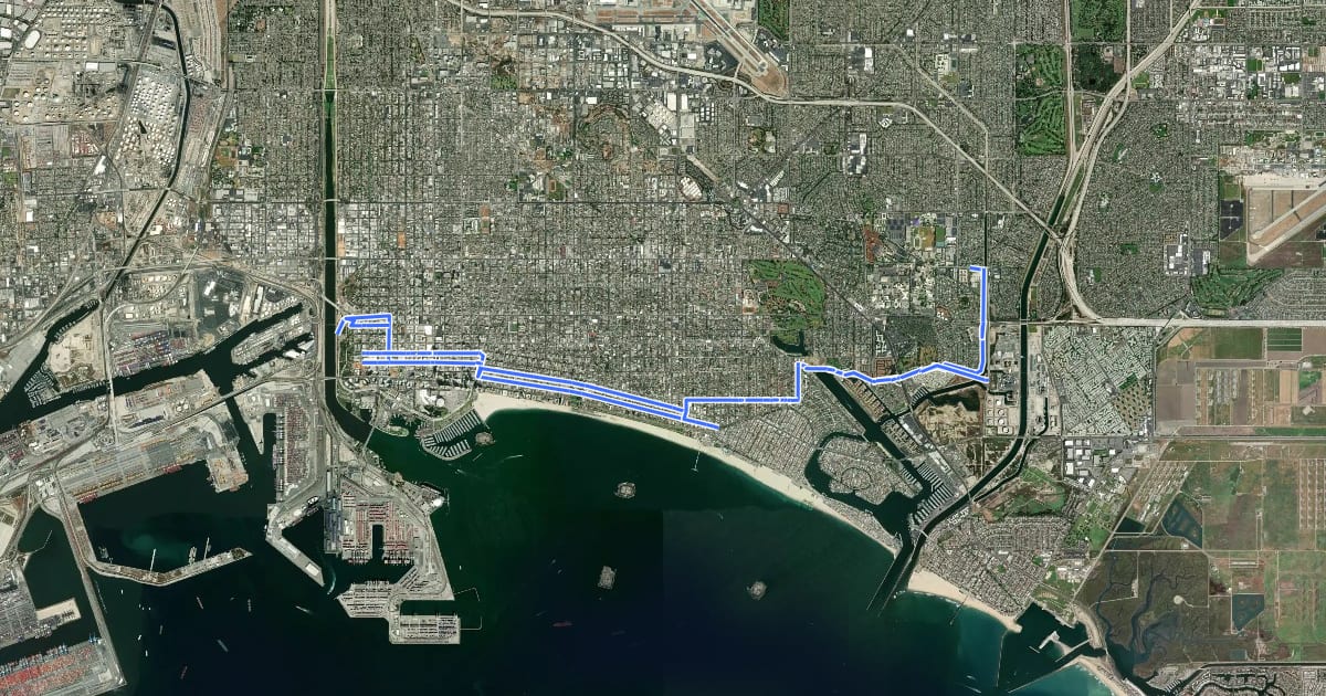 Маршрут Long Beach Bicycle Route 10 на спутниковом снимке