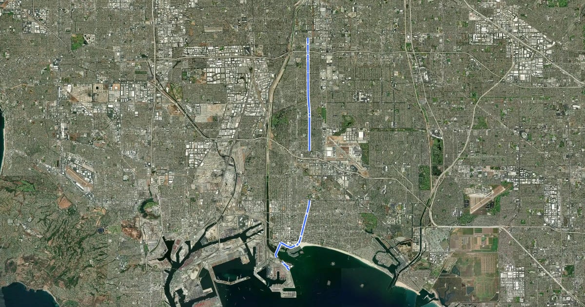 Маршрут Long Beach Bicycle Route 17 на спутниковом снимке