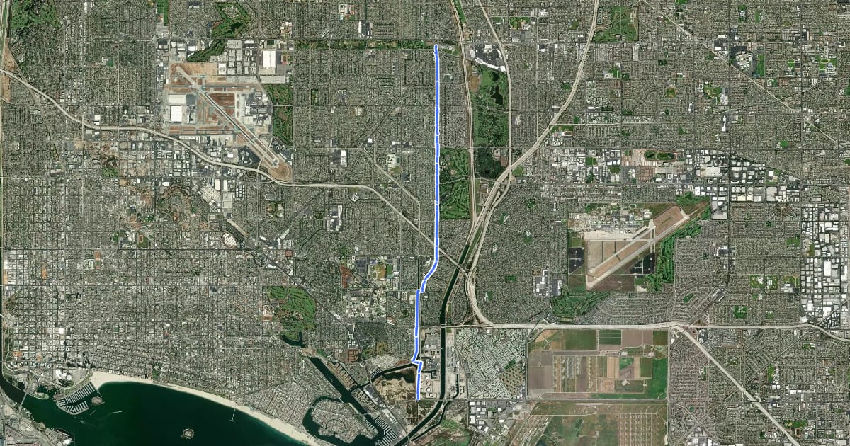 Маршрут Long Beach Bicycle Route 33 на спутниковом снимке