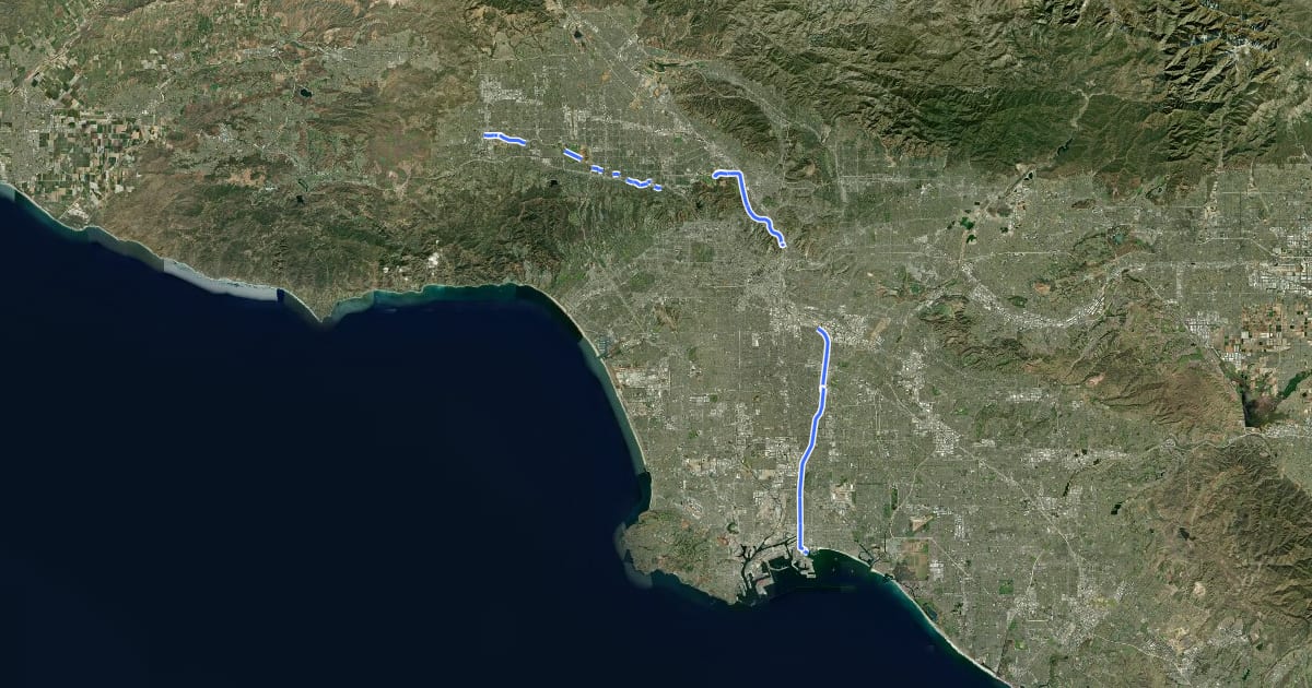 Маршрут Los Angeles River Greenway на спутниковом снимке