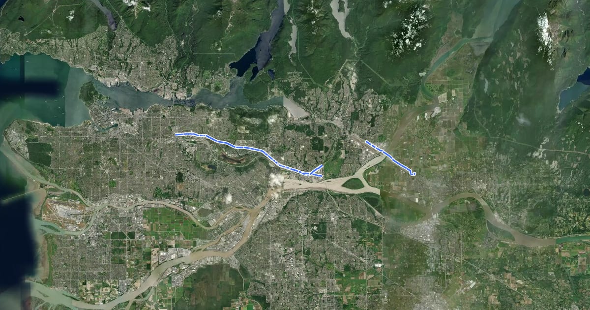 Маршрут Lougheed Highway на спутниковом снимке