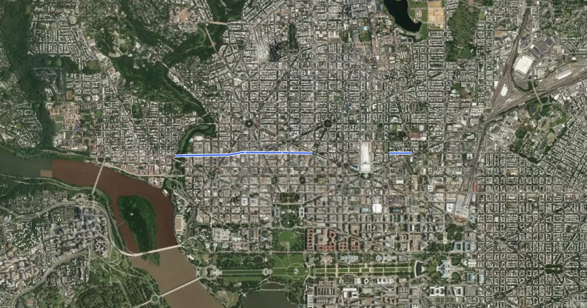 Маршрут M Street Northwest на спутниковом снимке