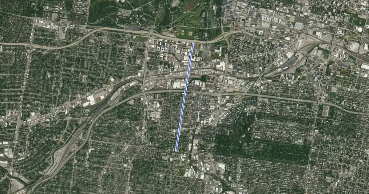 Маршрут Macklind Avenue на спутниковом снимке