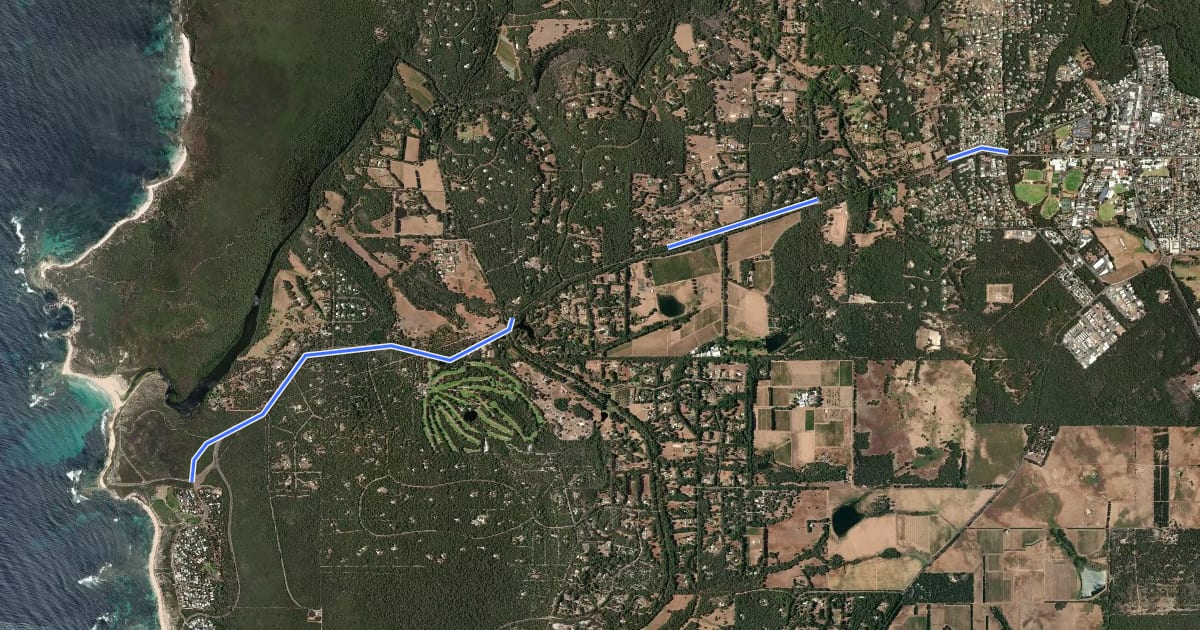 Маршрут Margaret River to Prevelly на спутниковом снимке