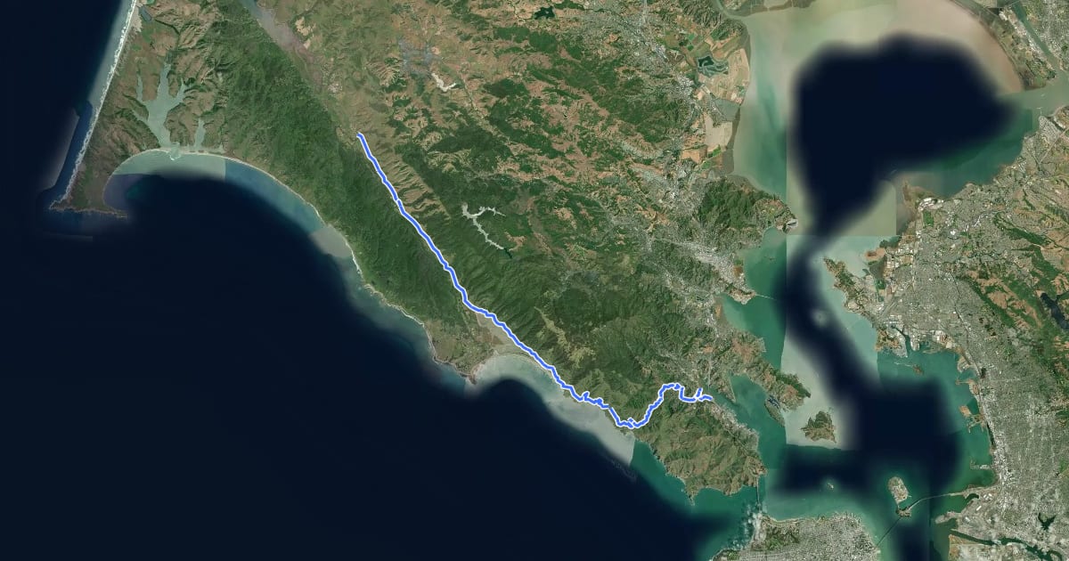 Маршрут Marin Coastal Bike Route на спутниковом снимке