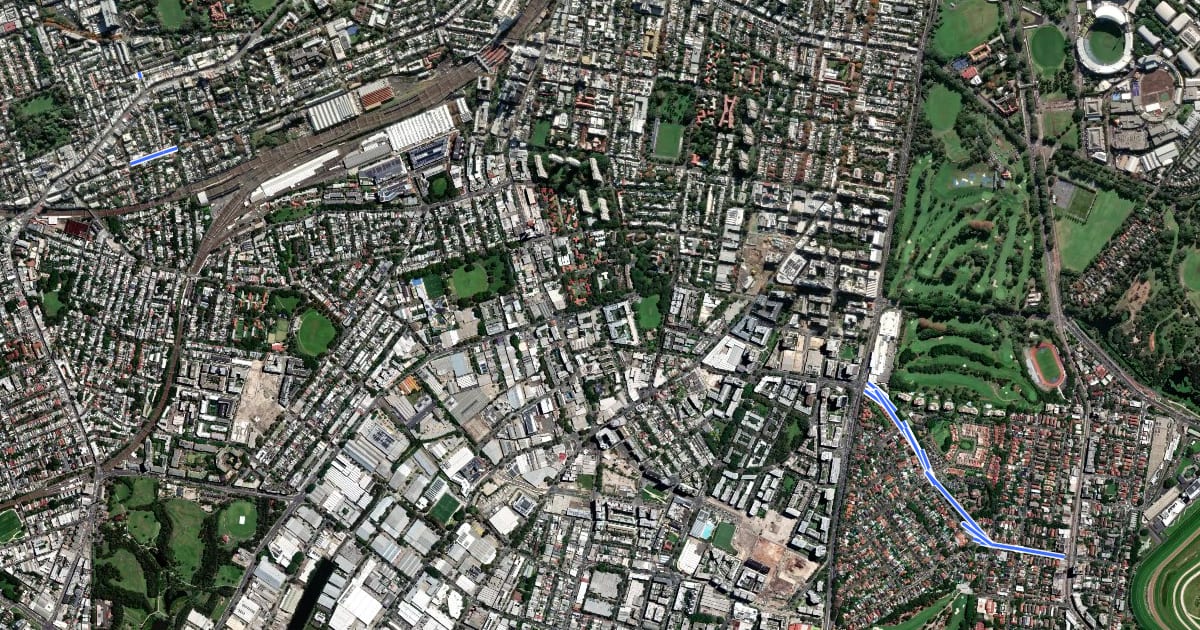 Маршрут Maroubra - UNSW / Randwick - Green Square - Newtown - Burwood / Gladesville (proposed) на спутниковом снимке