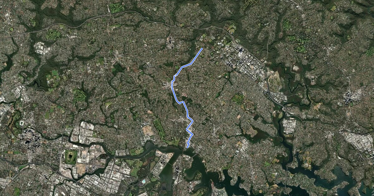 Маршрут Meadowbank to Marsfield (via Eastwood) на спутниковом снимке