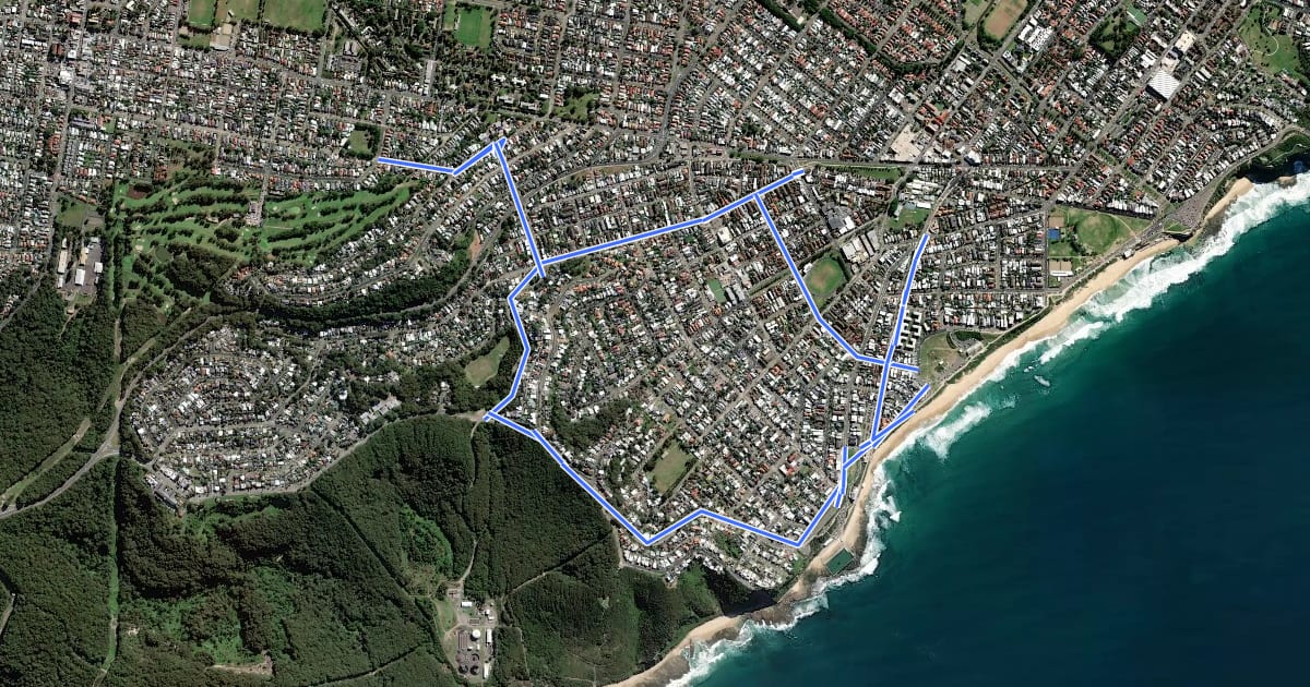 Маршрут Merewether на спутниковом снимке