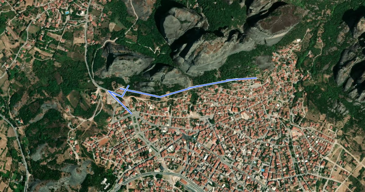 Маршрут Meteora Trail M12 - Kalampaka Byzantine Church – Meteora Digital Projection Center Trail на спутниковом снимке
