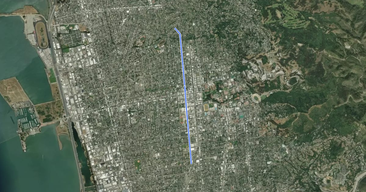 Маршрут Milvia Bicycle Boulevard на спутниковом снимке