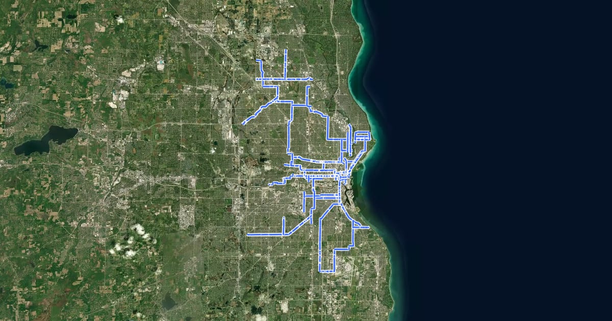 Маршрут Milwaukee Bicycle Route на спутниковом снимке