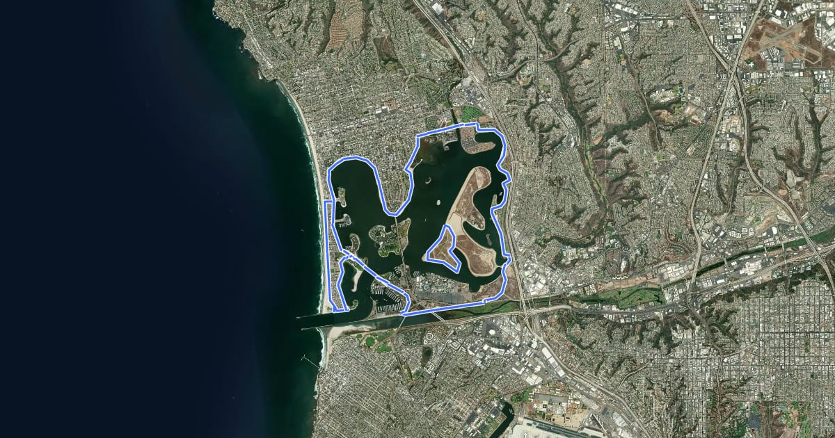 Маршрут Mission Bay Bike Route на спутниковом снимке