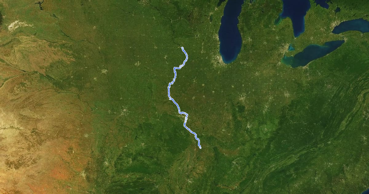 Маршрут Mississippi River Trail (Illinois) на спутниковом снимке
