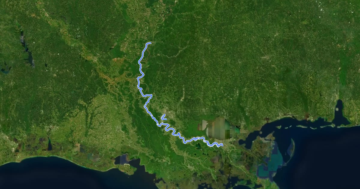 Маршрут Mississippi River Trail (Louisiana) на спутниковом снимке