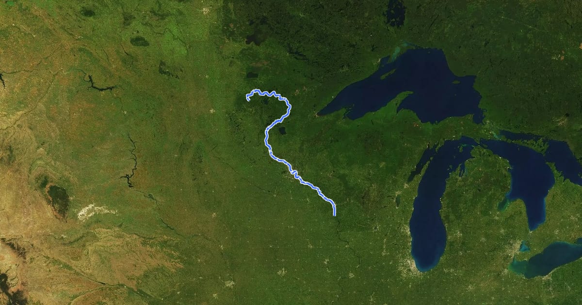 Маршрут Mississippi River Trail (Minnesota) на спутниковом снимке