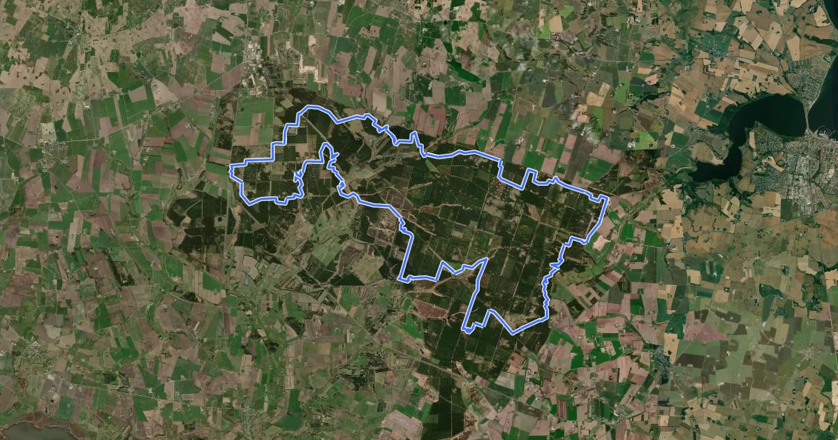 Маршрут Mountainbikespor i Klosterheden - lang rute на спутниковом снимке