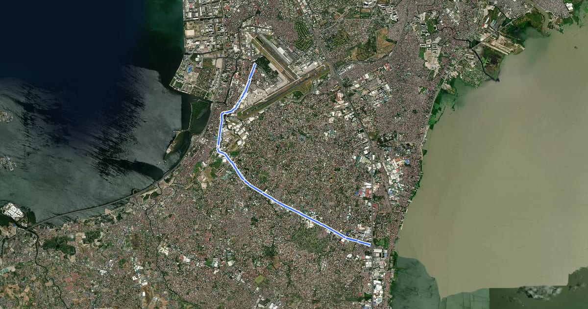 Маршрут NAIA T1 - Sucat Bicycle Lanes на спутниковом снимке
