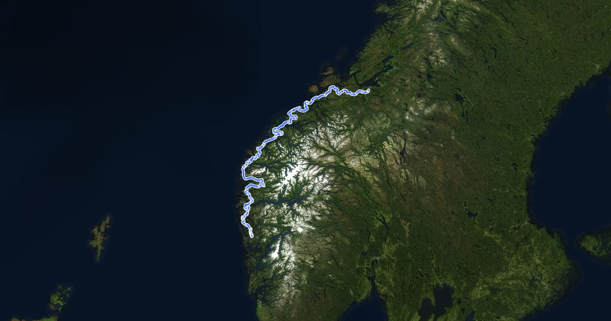Маршрут Nasjonal sykkelrute 1 (Bergen–Trondheim) на спутниковом снимке