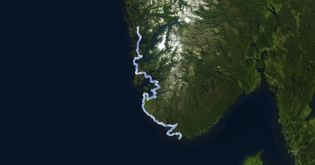 Маршрут Nasjonal sykkelrute 1, Etappe 5: Bergen- Lindesnes на спутниковом снимке